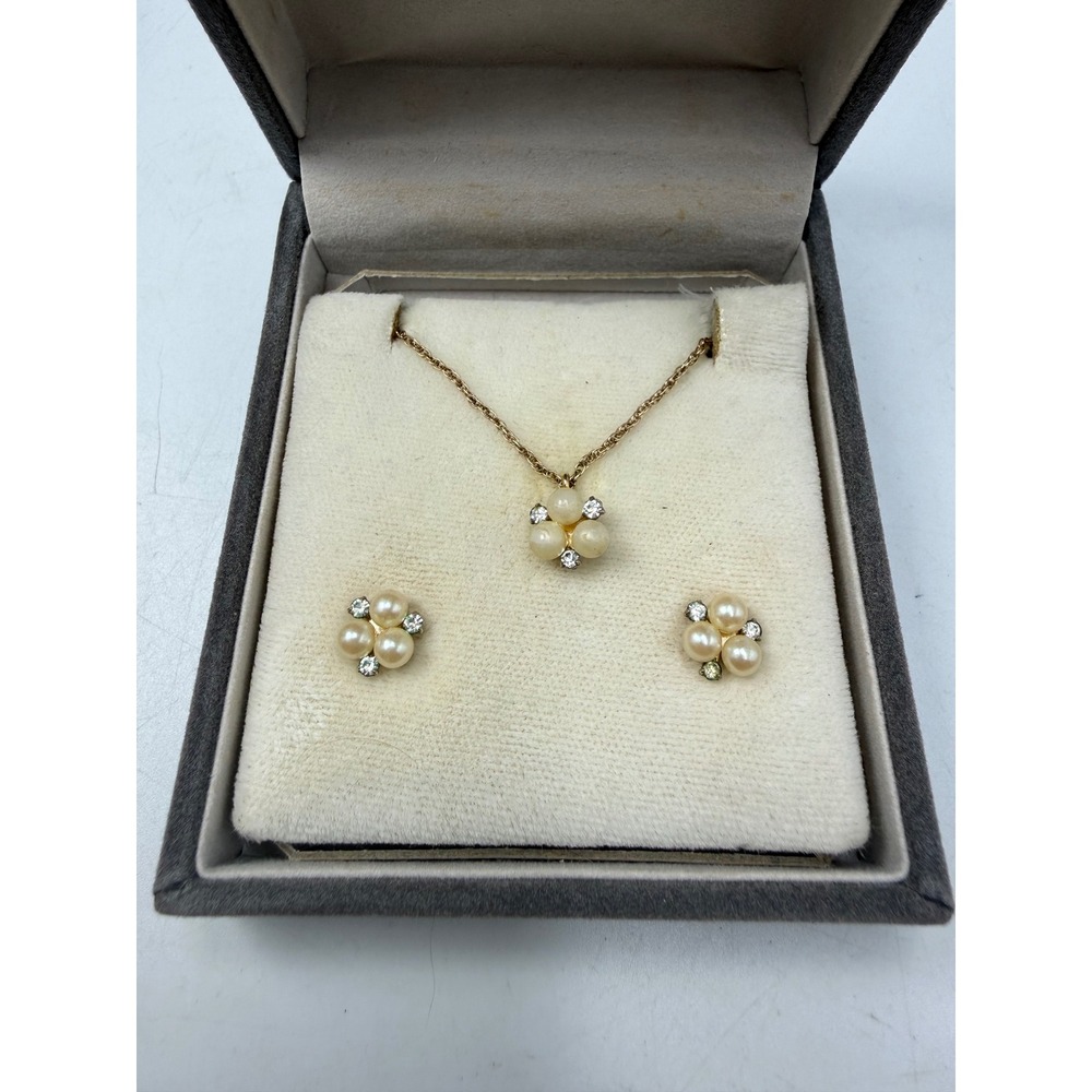 Krementz Vintage Pearl Rhinestone Necklace and Earrings Set Gold Tone Floral